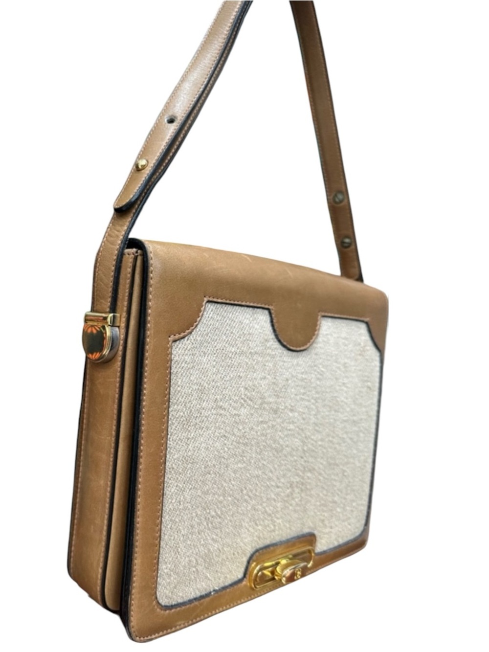 Vintage Bally International Italy Tan Leather & canvas Turn Lock Shoulder Bag - Picture 5 of 11